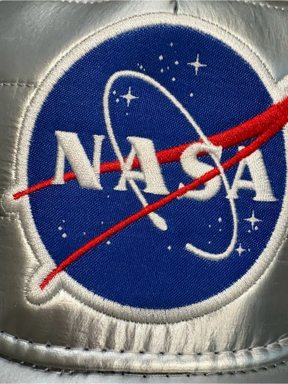 NASA Space Logo Embroidered Silver Shiny Trucker Hat Cap White Mesh SnapBack